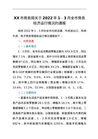 XX市商务局关于2022年1－3月全市商务经济运行情况的通报.docx