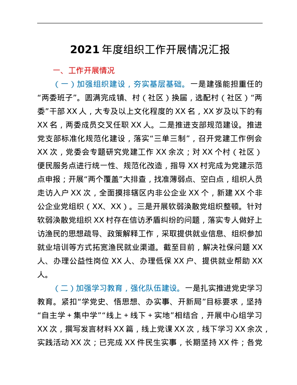 2021年度组织工作开展情况汇报.Doc_第1页