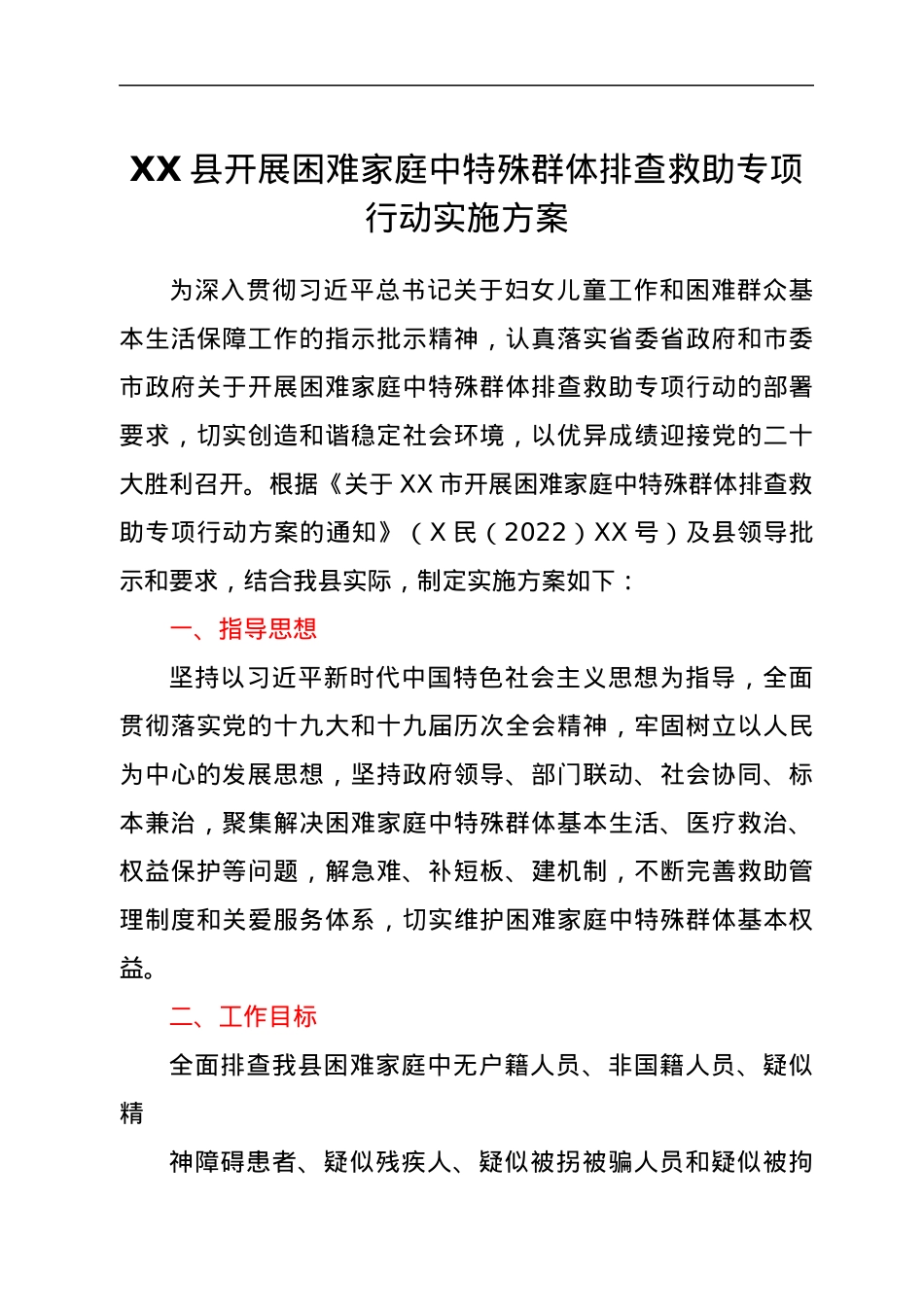 XX县开展困难家庭中特殊群体排查救助专项行动实施方案.docx_第1页