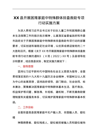 XX县开展困难家庭中特殊群体排查救助专项行动实施方案.docx