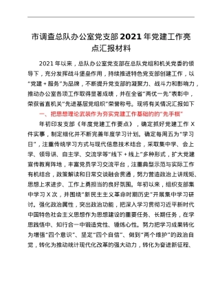市调查总队办公室党支部2021年党建工作亮点汇报材料.Doc