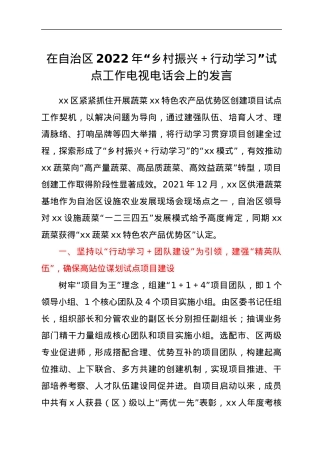 在自治区2022年“乡村振兴+行动学习”试点工作电视电话会上的发言.docx