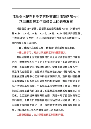 镇党委书记在县委第五巡察组对镇所辖部分村党组织巡察工作动员会上的表态发言.docx