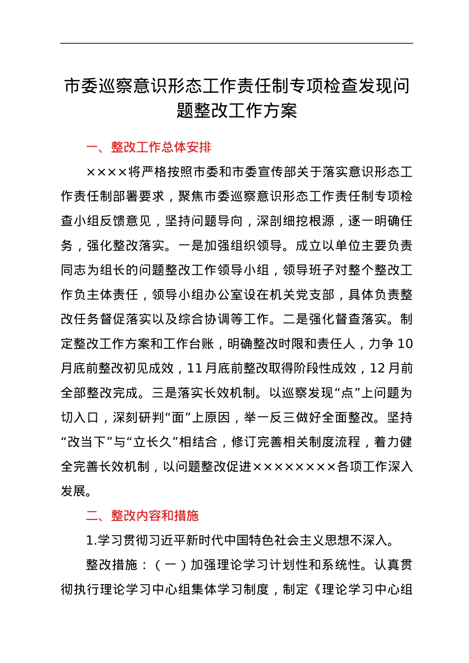 市委巡察意识形态工作责任制专项检查发现问题整改工作方案.docx_第1页