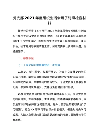 党支部2021年度组织生活会班子对照检查材料.docx