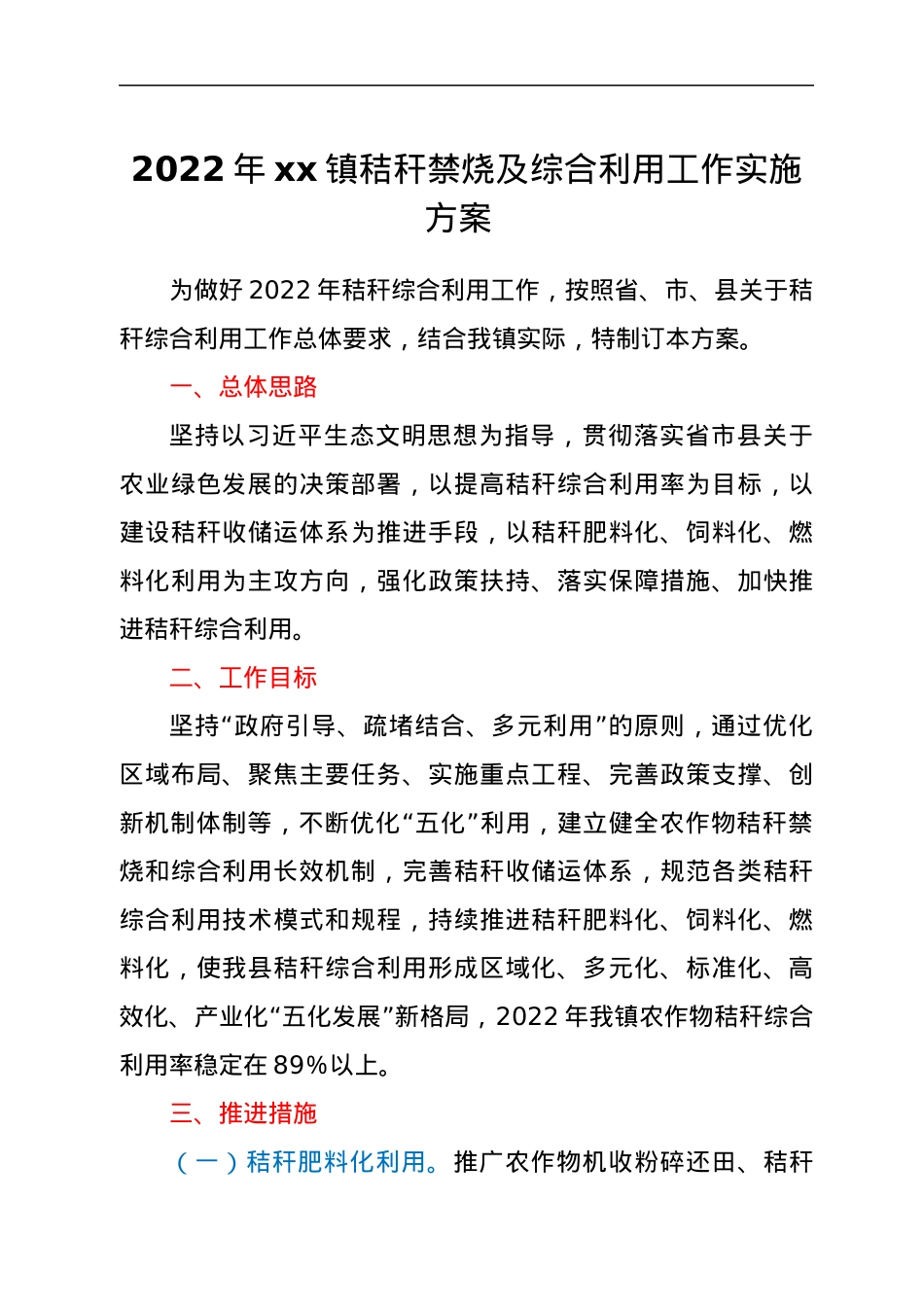 2022年xx镇秸秆禁烧及综合利用工作实施方案.docx_第1页