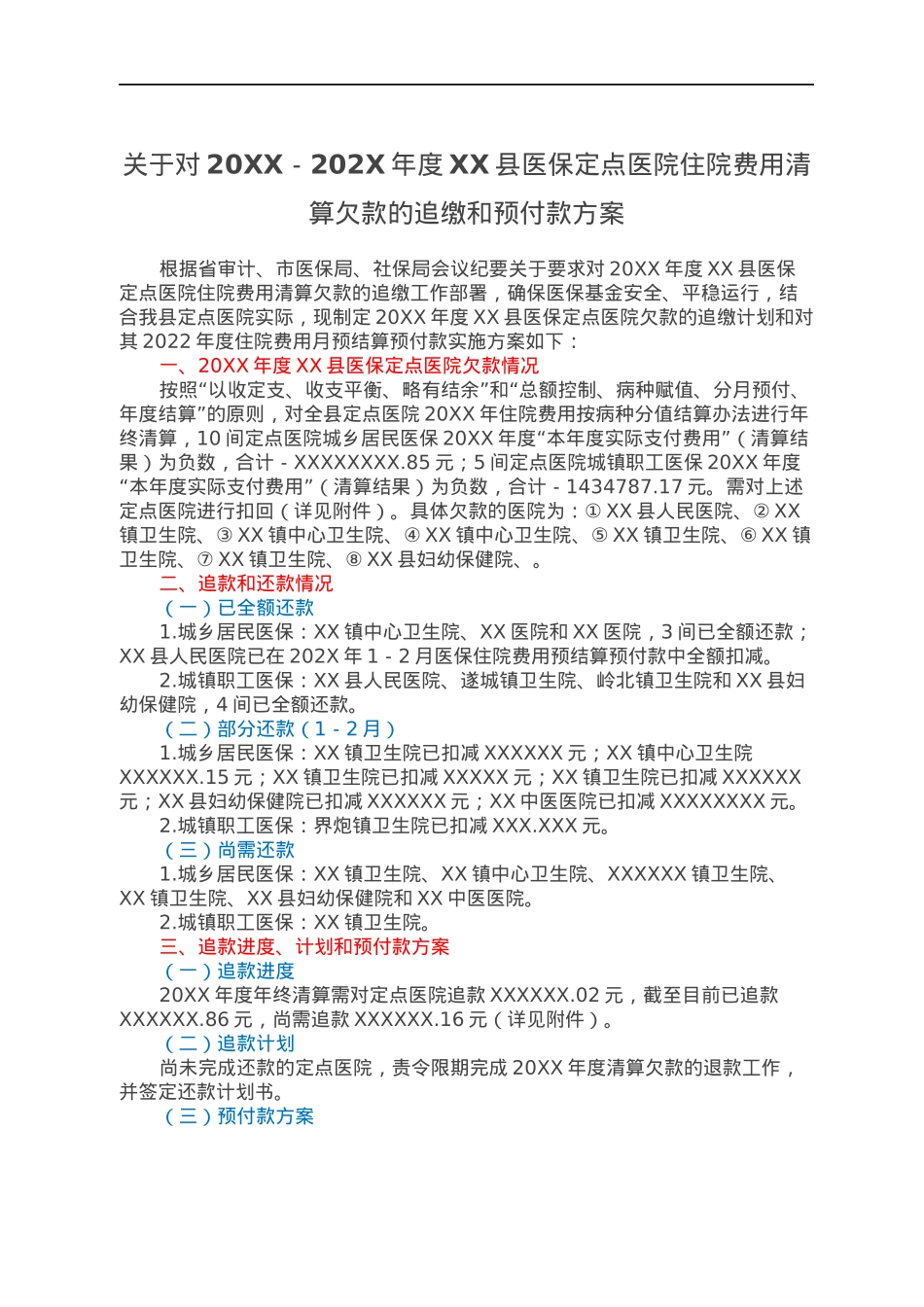 关于对20XX－202X年度XX县医保定点医院住院费用清算欠款的追缴和预付款方案.docx_第1页