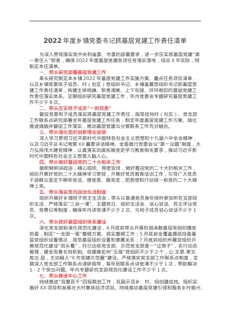 2022年度乡镇党委书记抓基层党建工作责任清单.docx