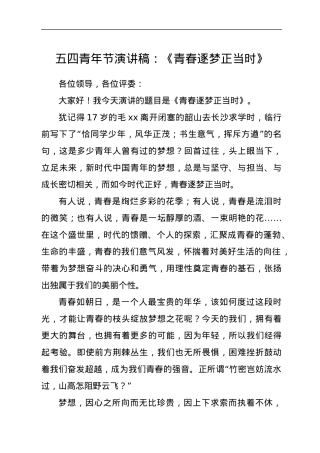 五四青年节演讲稿：《青春逐梦正当时》.docx