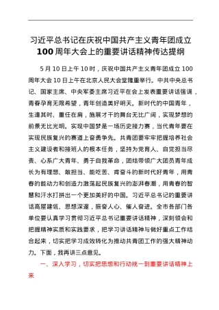 习近平总书记在庆祝中国共产主义青年团成立100周年大会上的重要讲话精神传达提纲.docx