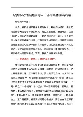 纪委书记对新提拔青年干部的集体廉洁谈话.docx