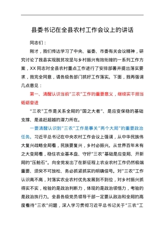 县委书记在全县农村工作会议上的讲话.docx