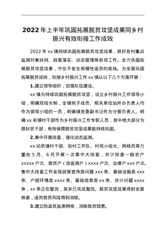 2022年上半年巩固拓展脱贫攻坚成果同乡村振兴有效衔接工作成效.docx