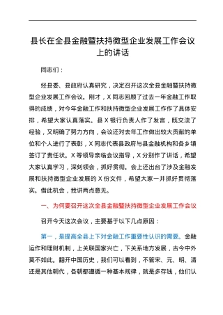 县长在全县金融暨扶持微型企业发展工作会议上的讲话.docx
