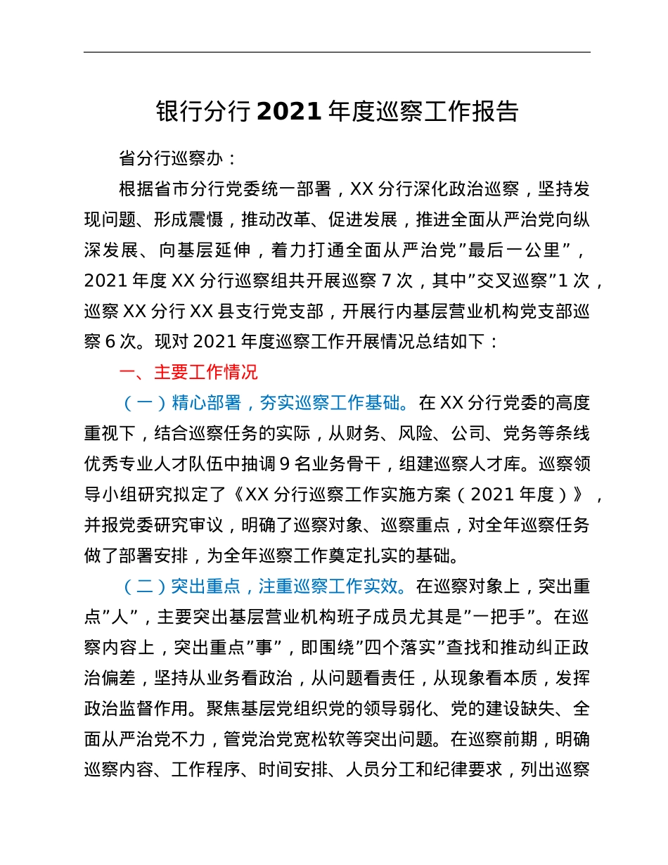 银行分行2021年度巡察工作报告.doc_第1页