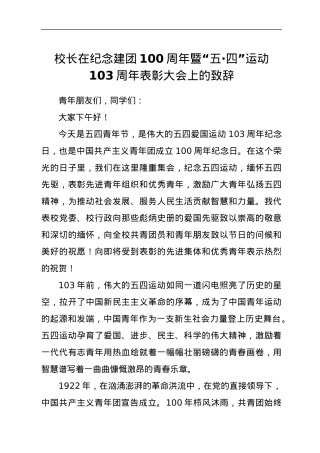 校长在纪念建团100周年暨“五·四”运动103周年表彰大会上的致辞.docx