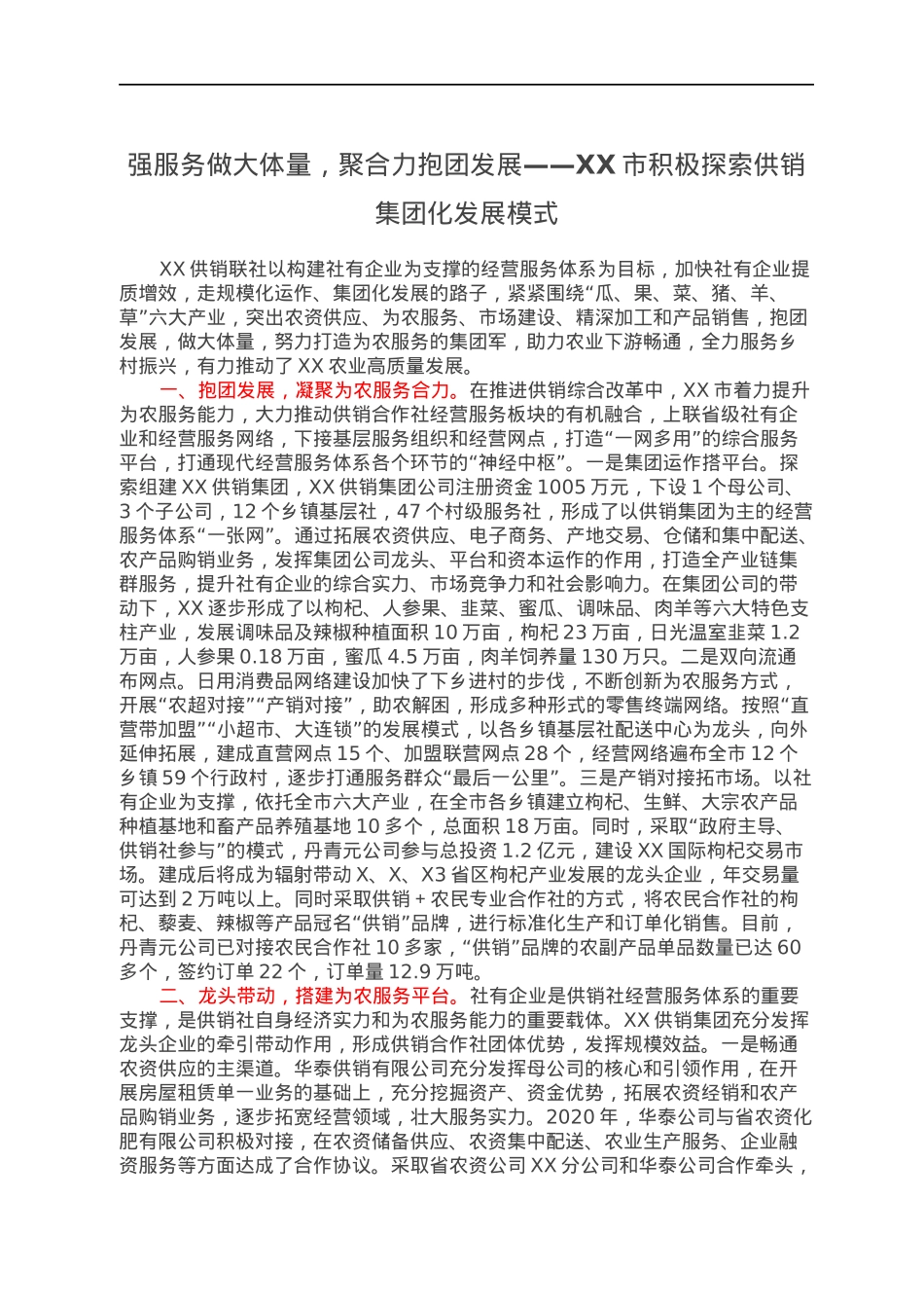 强服务做大体量，聚合力抱团发展——XX市积极探索供销集团化发展模式.docx_第1页