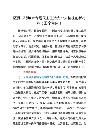 区委书记年末专题民主生活会个人检视剖析材料（五个带头）.docx
