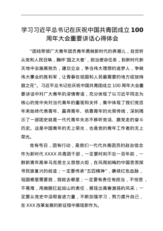 学习习近平总书记在庆祝中国共青团成立100周年大会重要讲话心得体会.docx