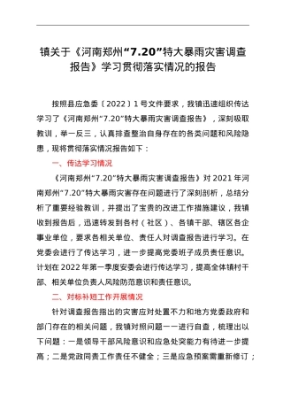 镇关于《河南郑州“7.20”特大暴雨灾害调查报告》学习贯彻落实情况的报告.doc