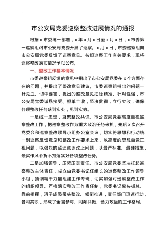 市公安局党委巡察整改进展情况的通报.doc