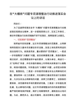 在“大棚房”问题专项清理整治行动推进落实会议上的讲话.docx