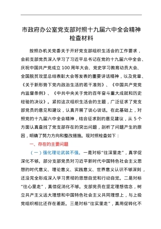 市政府办公室党支部对照十九届六中全会精神检查材料.docx