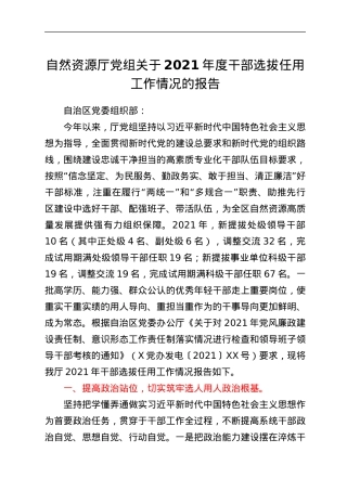 自然资源厅党组关于2021年度干部选拔任用工作情况的报告.docx
