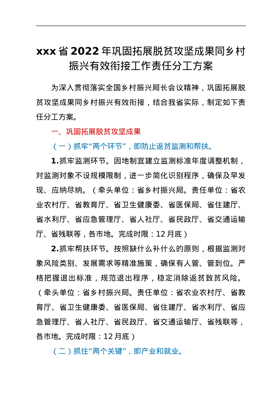 xxx省2022年巩固拓展脱贫攻坚成果同乡村振兴有效衔接工作责任分工方案.docx_第1页