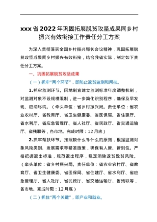 xxx省2022年巩固拓展脱贫攻坚成果同乡村振兴有效衔接工作责任分工方案.docx