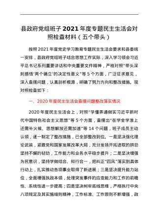 县政府党组班子2021年度专题民主生活会对照检查材料（五个带头）.docx