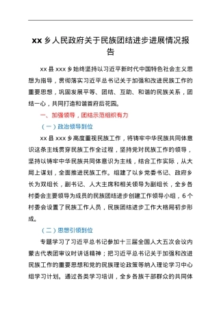 xxx乡人民政府关于民族团结进步进展情况报告.docx
