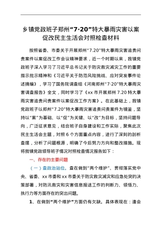 乡镇党政班子郑州“7·20”特大暴雨灾害以案促改民主生活会对照检查材料.docx