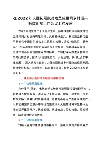 在2022年巩固拓展脱贫攻坚成果同乡村振兴有效衔接工作会上的发言稿.docx