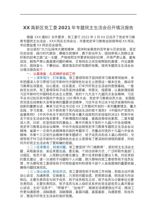 XX高新区党工委2021年专题民主生活会召开情况报告.docx