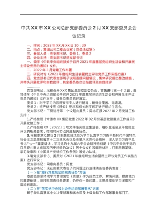 中共XX市XX公司总部支部委员会2月XX支部委员会会议记录.docx