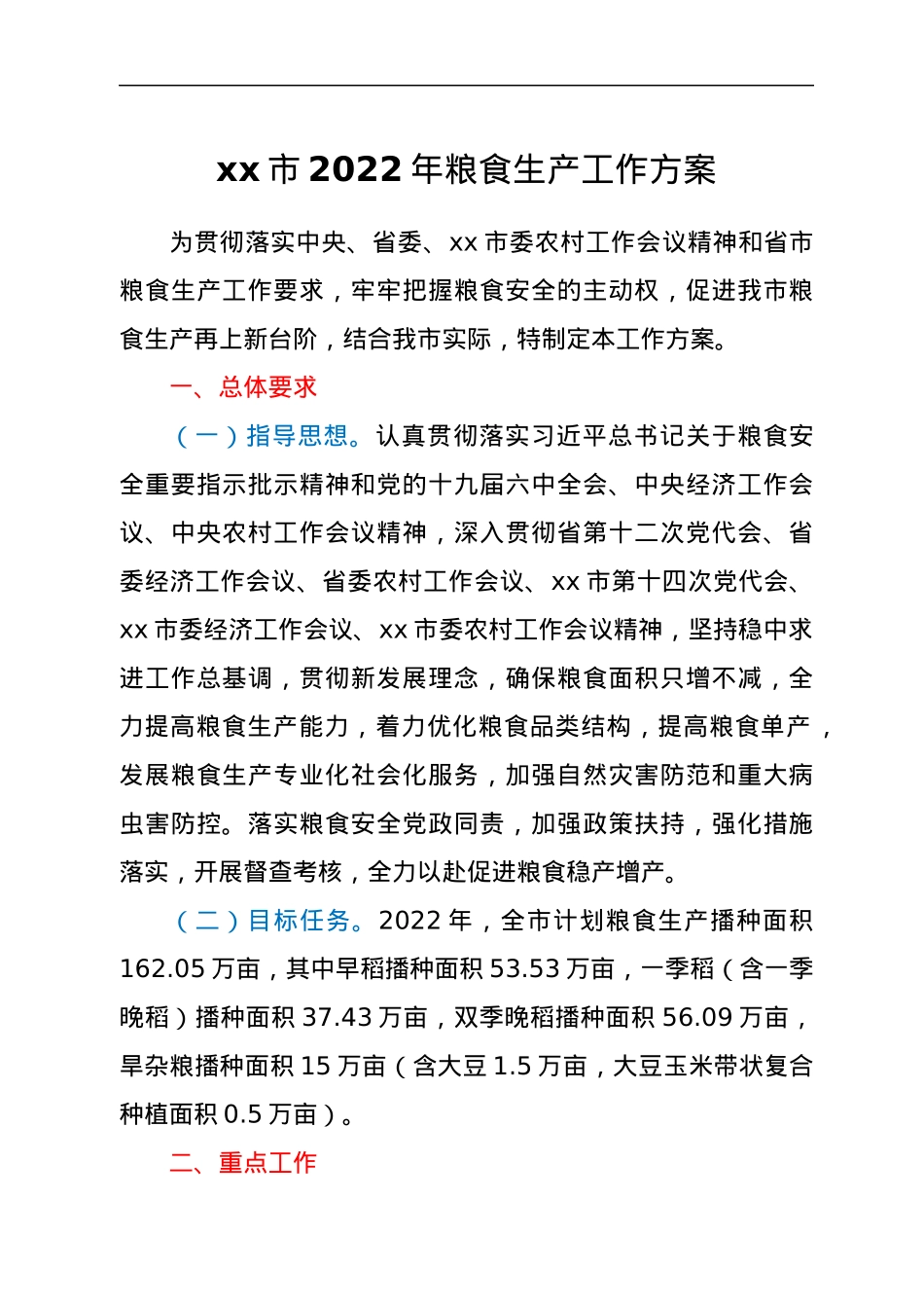 xx市2022年粮食生产工作方案.docx_第1页