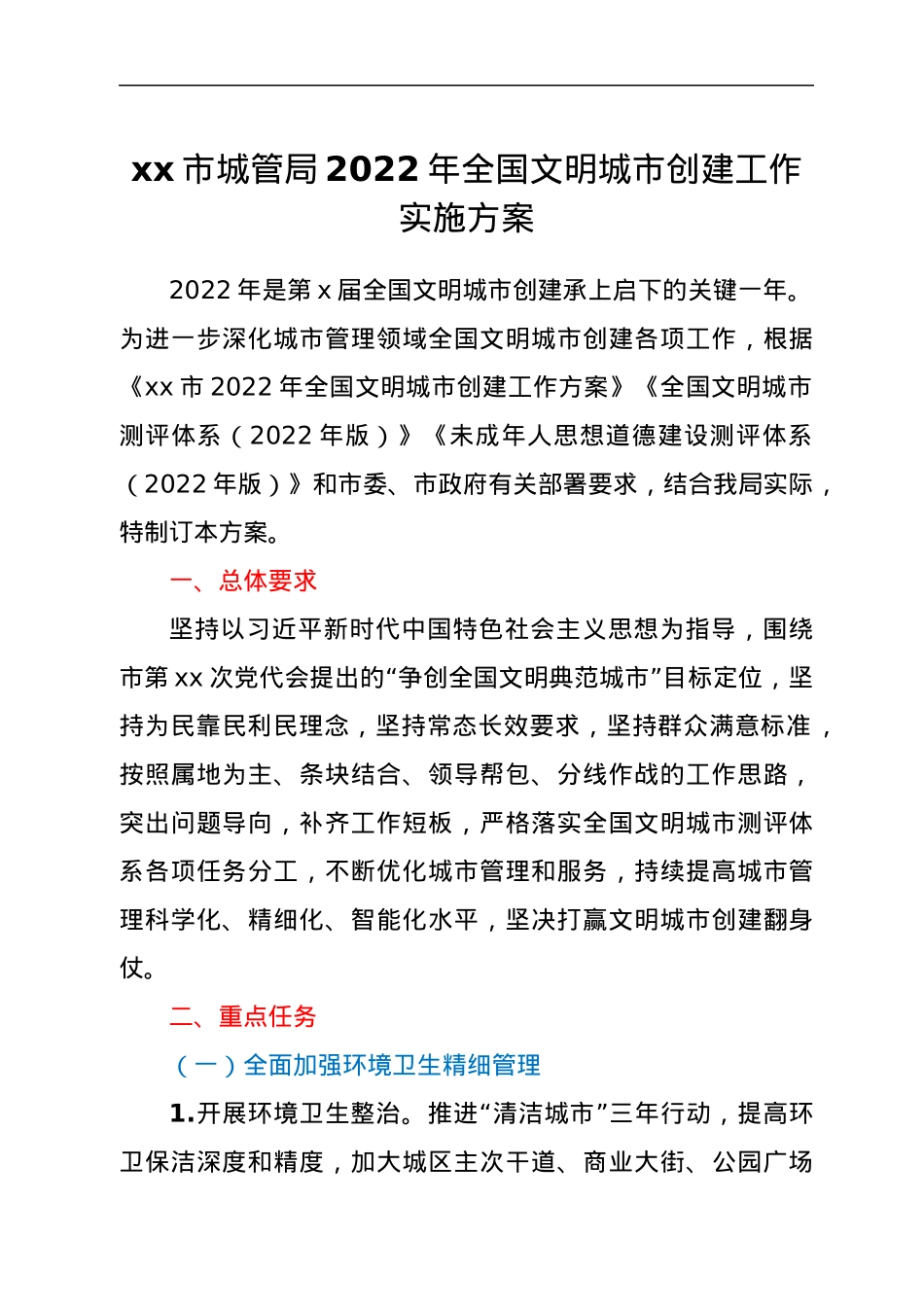 xx市城管局2022年全国文明城市创建工作实施方案.docx_第1页