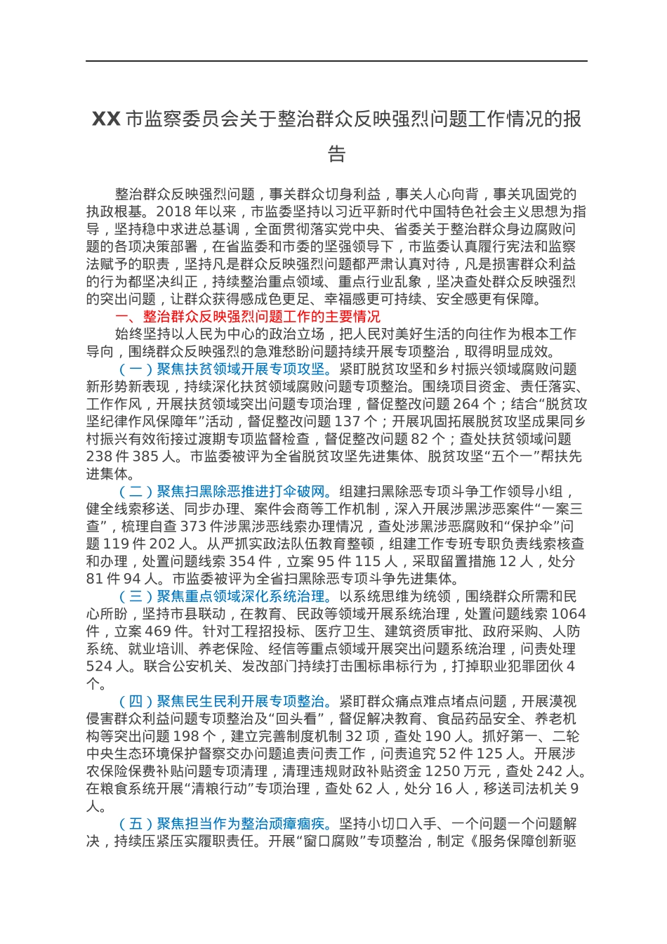 XX市监察委员会关于整治群众反映强烈问题工作情况的报告.docx_第1页