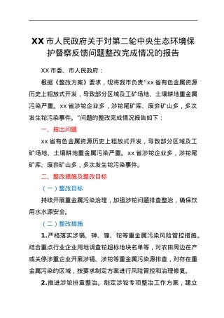 XX市人民政府关于对第二轮中央生态环境保护督察反馈问题整改完成情况的报告.docx