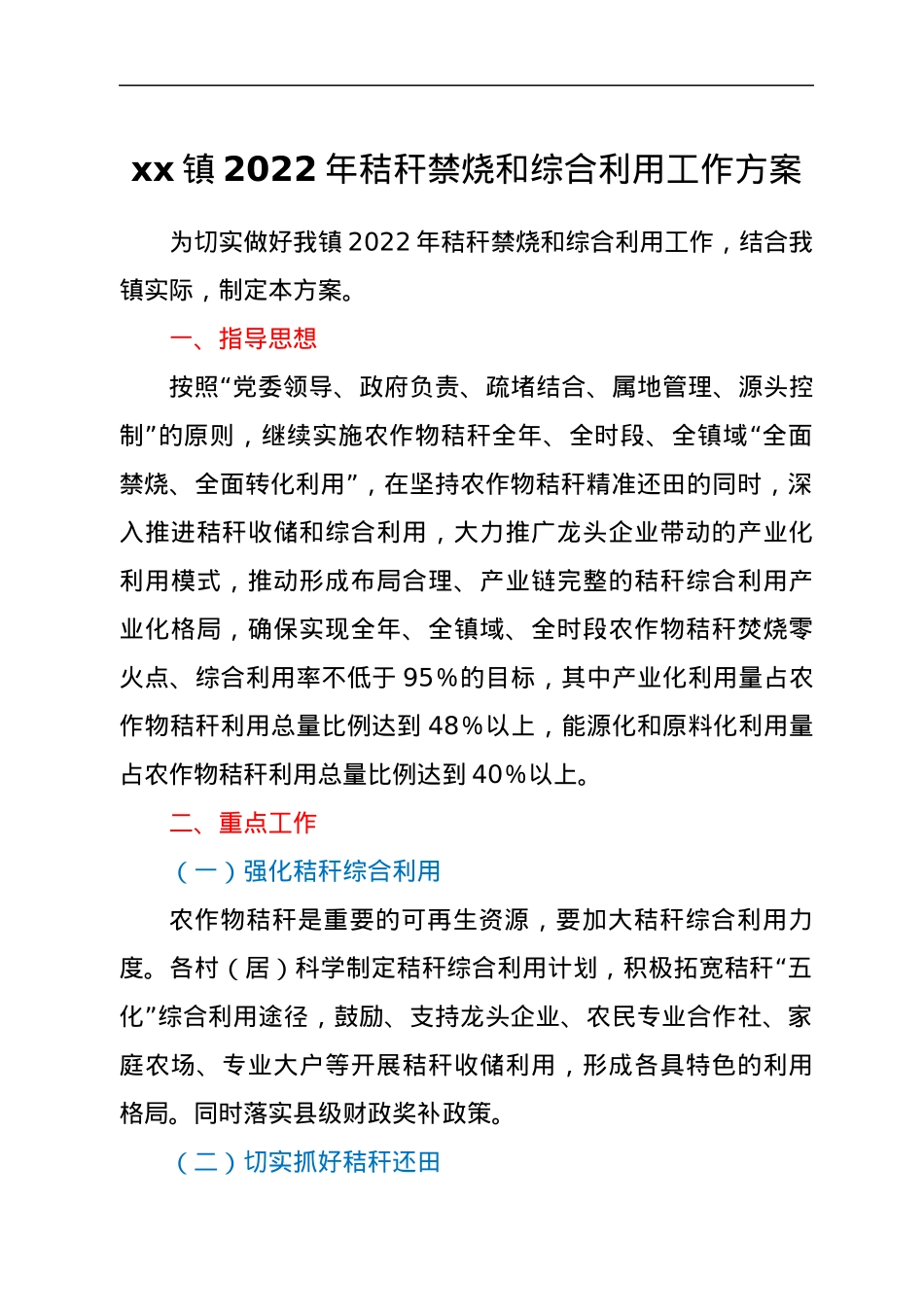 xx镇2022年秸秆禁烧和综合利用工作方案.docx_第1页