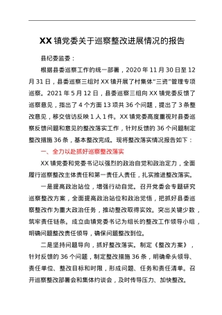 XX镇党委关于巡察整改进展情况的报告.docx