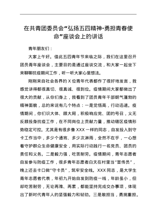 在共青团委员会“弘扬五四精神·勇担青春使命”座谈会上的讲话.docx