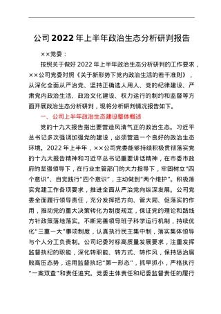 公司2022年上半年政治生态分析研判报告.doc