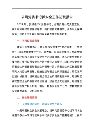 公司党委书记抓安全工作述职报告.docx