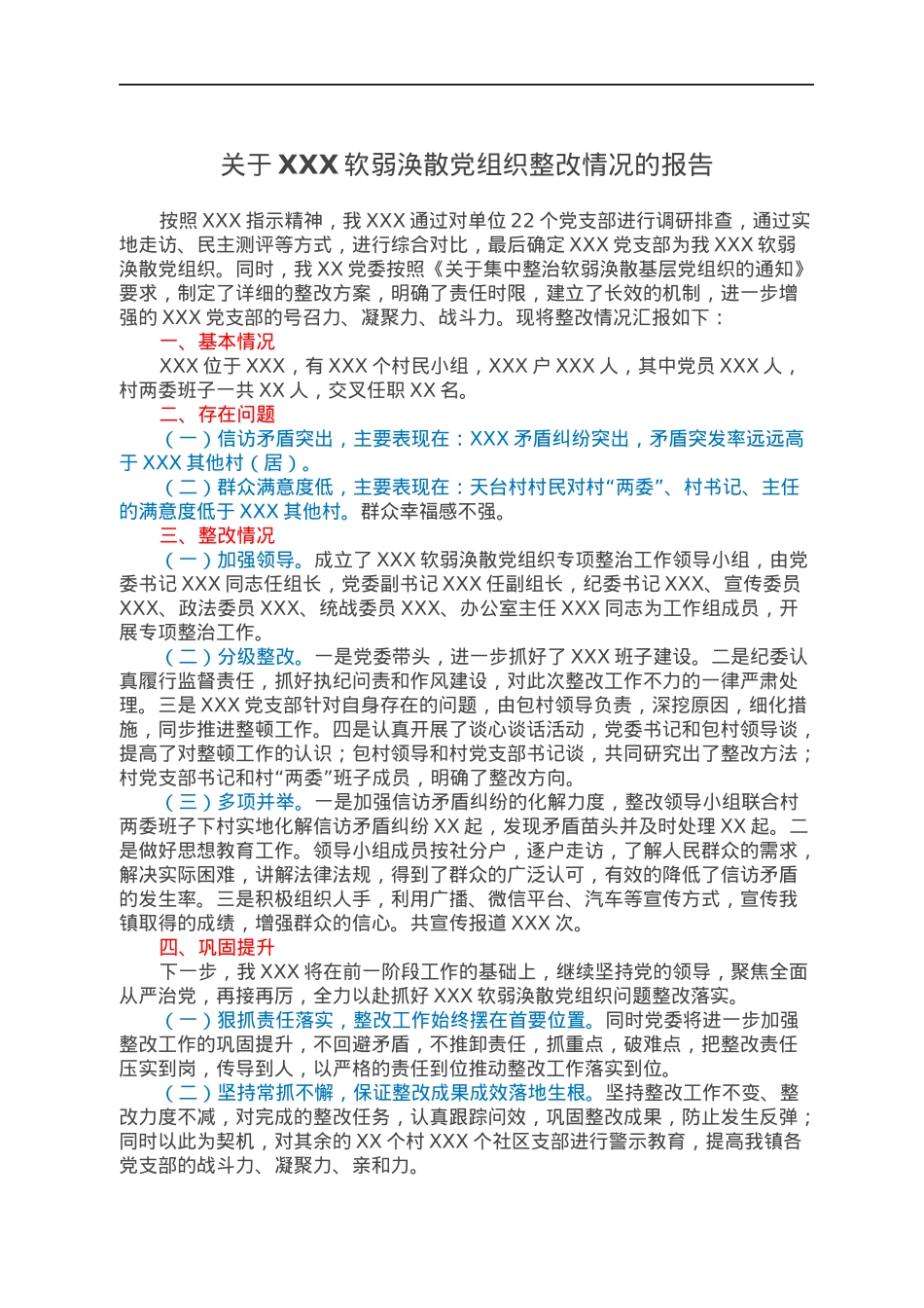 关于XXX软弱涣散党组织整改情况的报告.docx_第1页