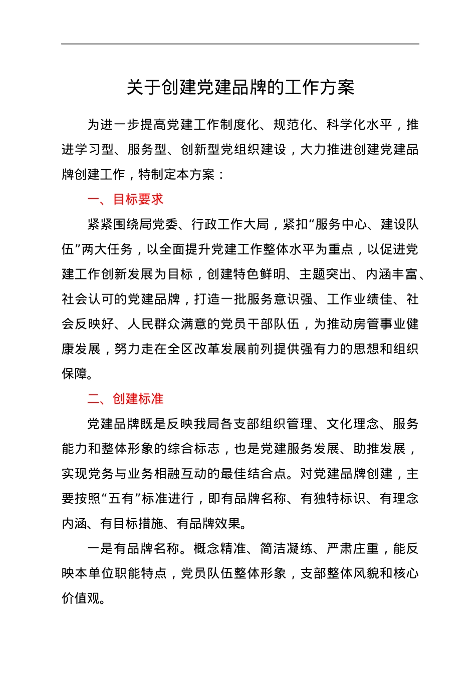 关于创建党建品牌的工作方案.docx_第1页