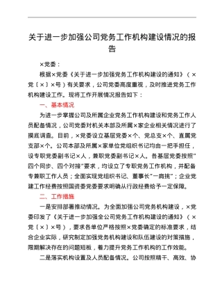 关于进一步加强公司党务工作机构建设情况的报告.doc