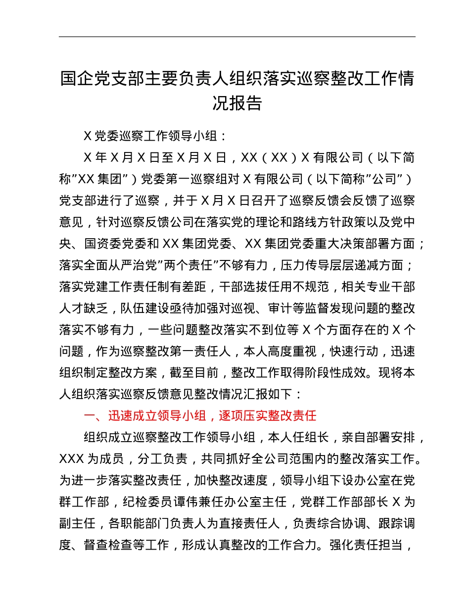 国企党支部主要负责人组织落实巡察整改工作情况报告.doc_第1页