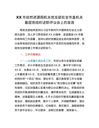 XX市自然资源局机关党支部在全市直机关基层党组织述职评议会上的发言.docx